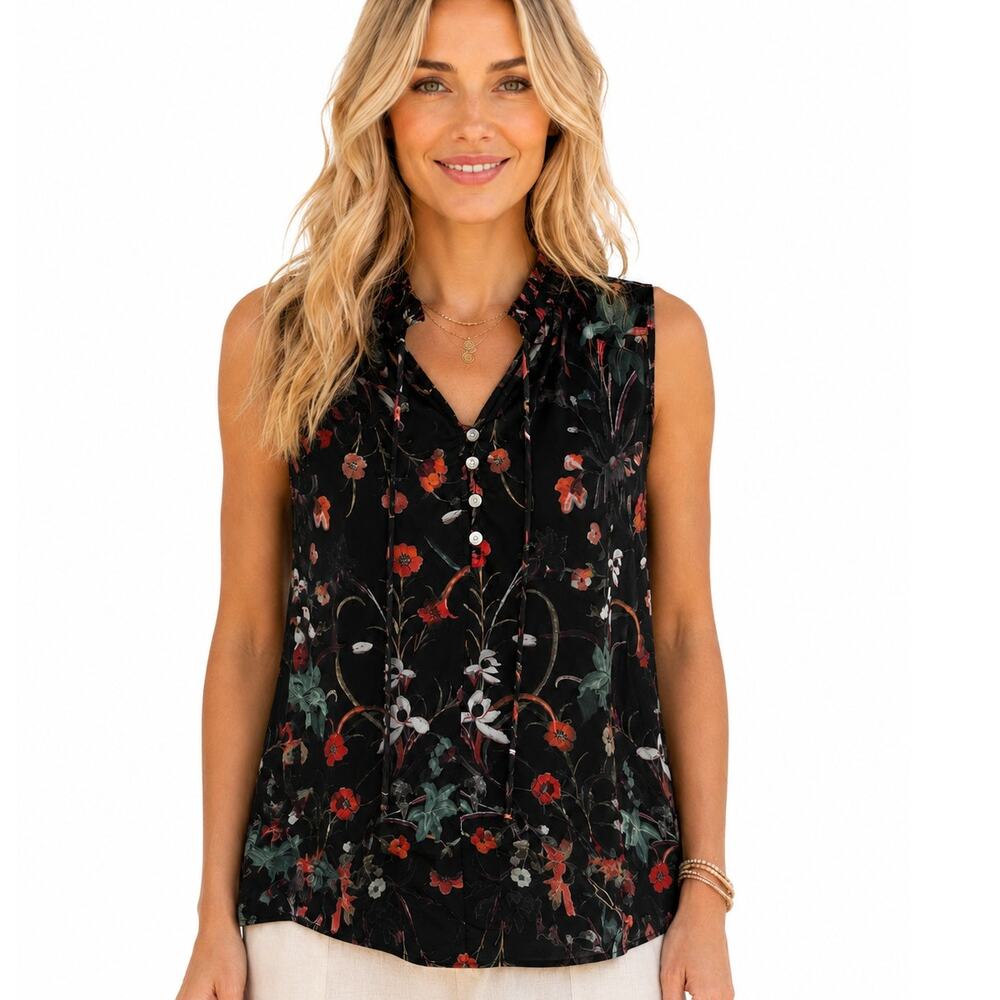 Feathers by Tolani Floral Tank Womens Large Black Modal Ruffled Tie Neck Peasant